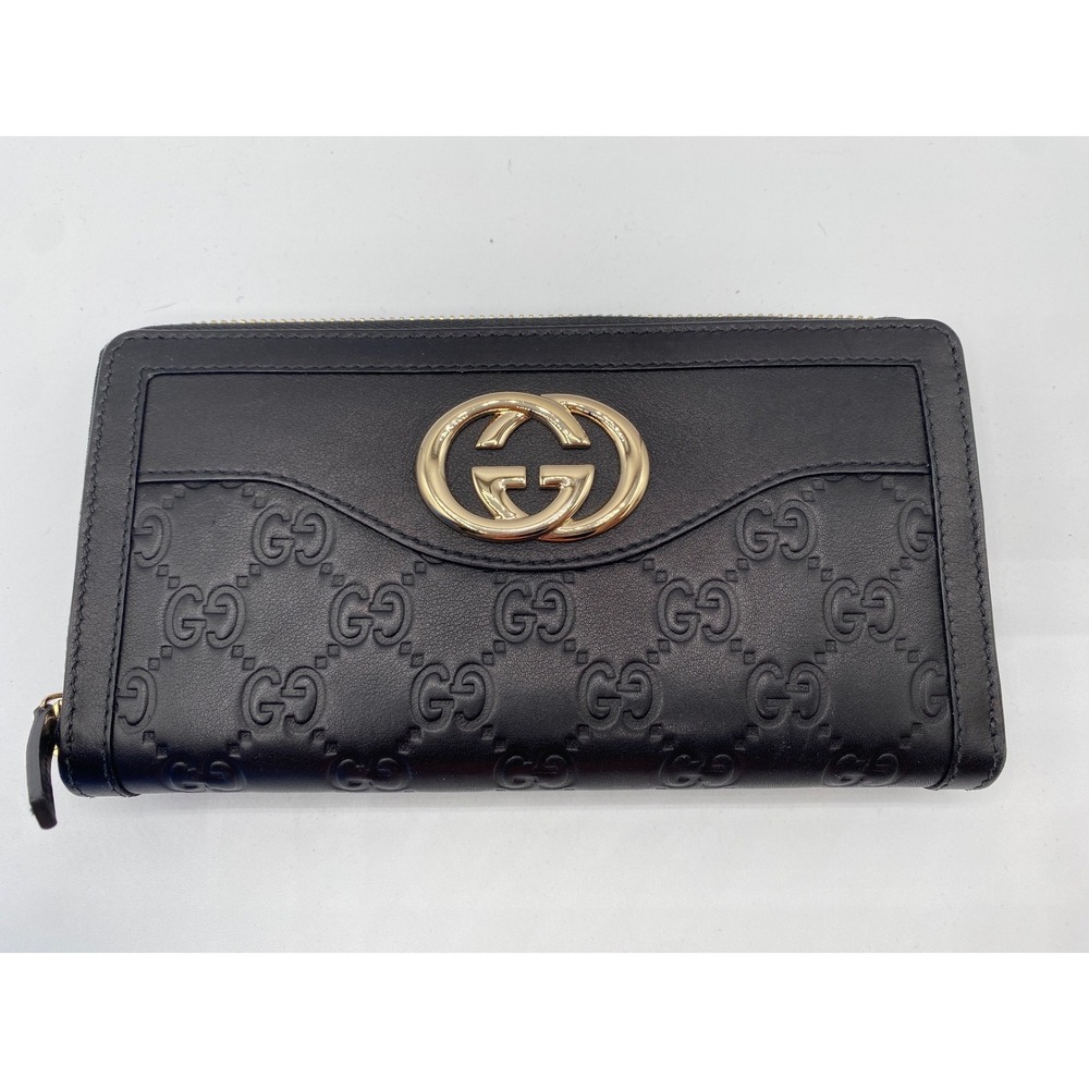 Gucci Signature‎ SUKEY GG Monogram Leather Zip wallet BLACK GOLD